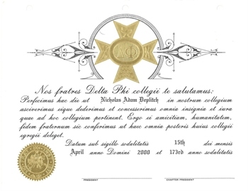 Product Description: The same certificate proudly displayed by generations of Delta Phis. Printed on acid-free card stock with the Badge and Seal of the Fraternity in gold foil. Ready to frame. Please provide your full name and date of initiation for proper inscription. </br></br>Domestic Shipping included.</br></br>Contact Delta Phi National if you wish to ship internationally.</br> Delta Phi Membership Shingle